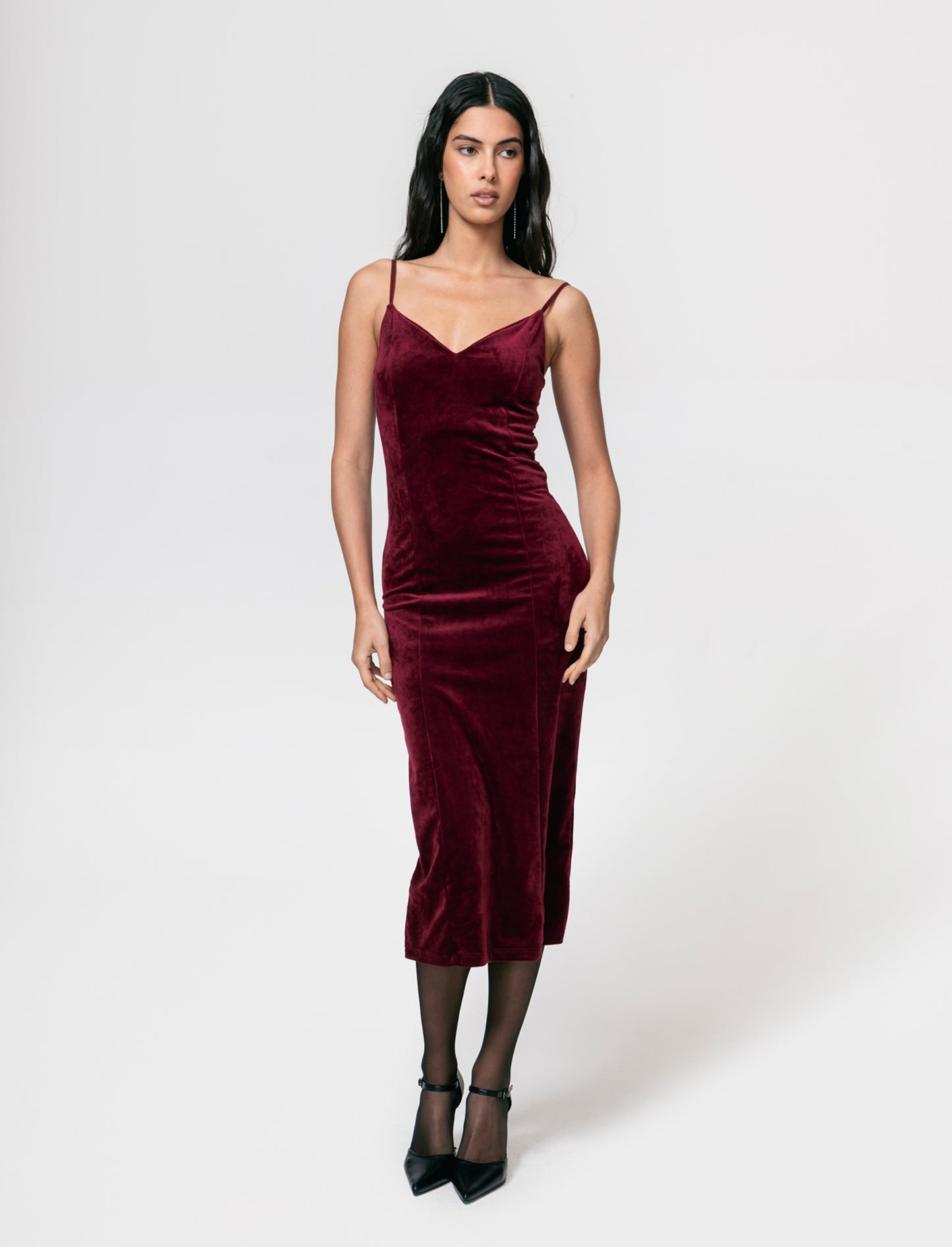 Vestito lungo con bretelline in ciniglia - Bordeaux