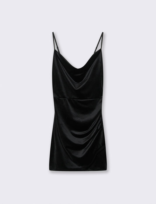 Vestito corto con arriccio sul fianco in tessuto ciniglia - Nero