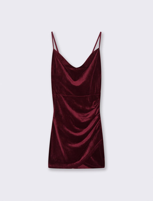 Vestito corto con arriccio sul fianco in tessuto ciniglia - Bordeaux