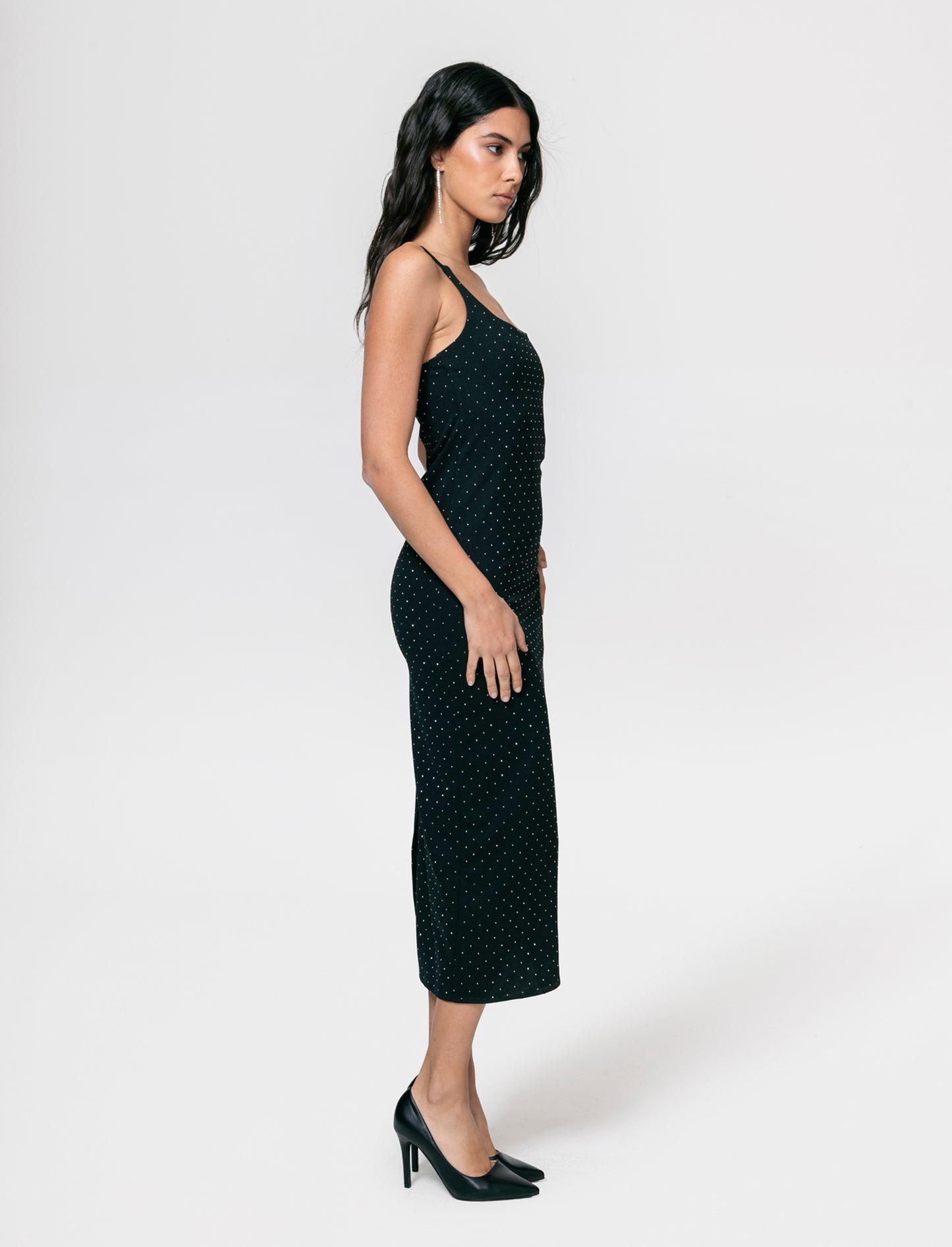 Vestito lungo con bretelline in tessuto con strass - Nero