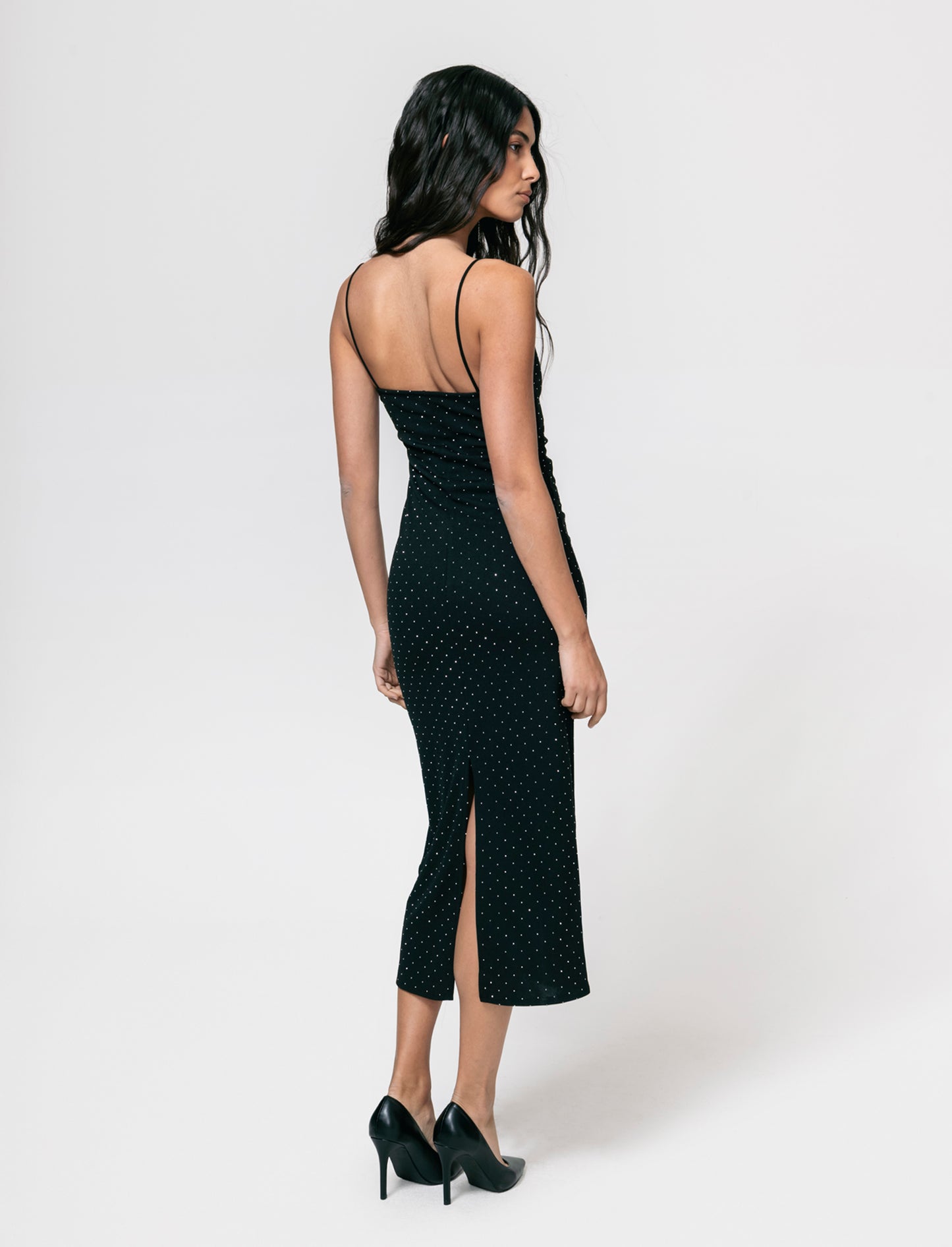 Vestito lungo con bretelline in tessuto con strass - Nero