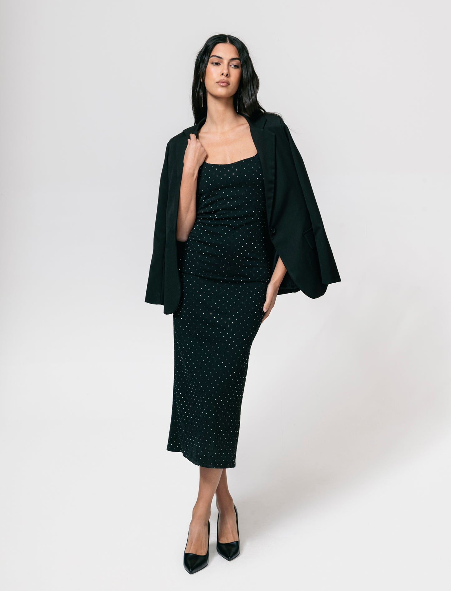 Vestito lungo con bretelline in tessuto con strass - Nero
