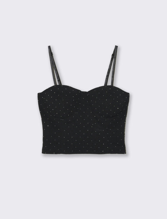 Top con coppe su tessuto strass elastico - Nero