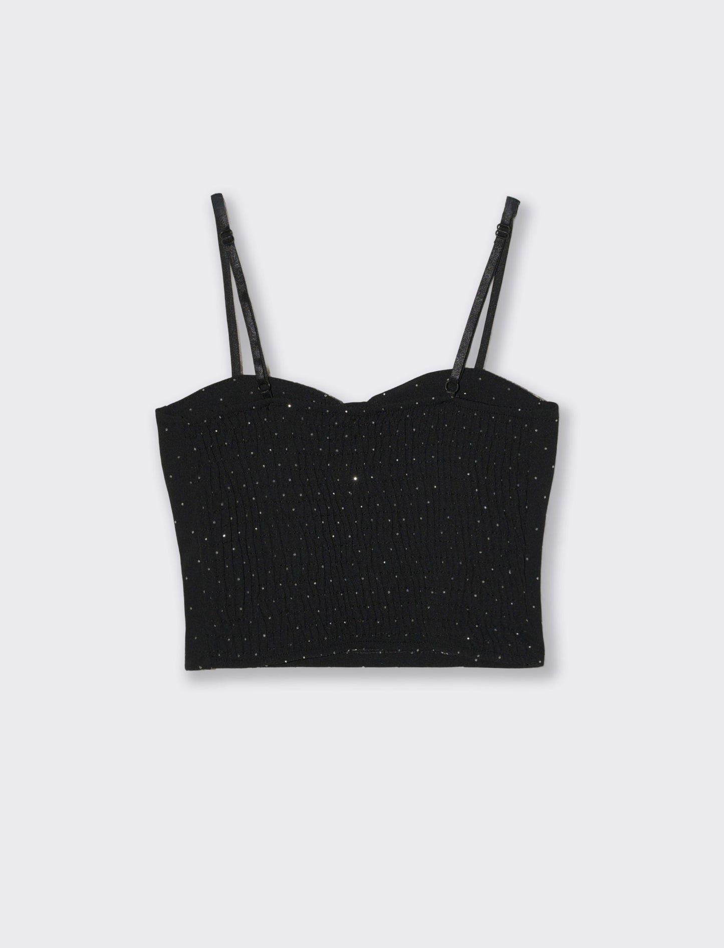 Top con coppe su tessuto strass elastico - Nero