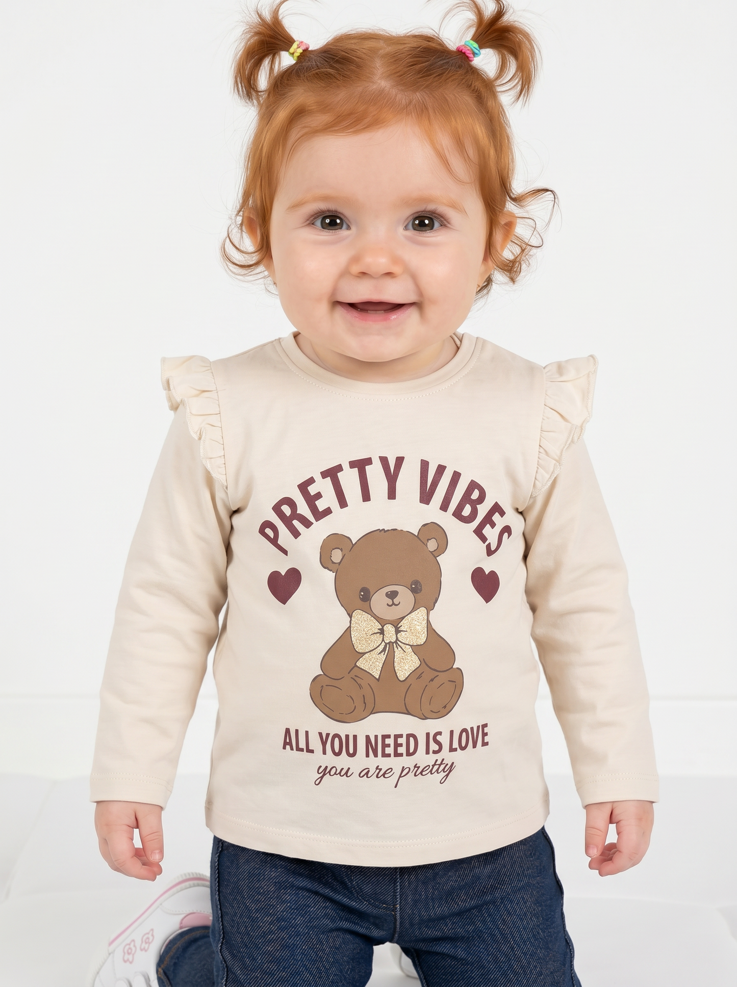Long sleeve T-shirt with ruffles and print - Beige