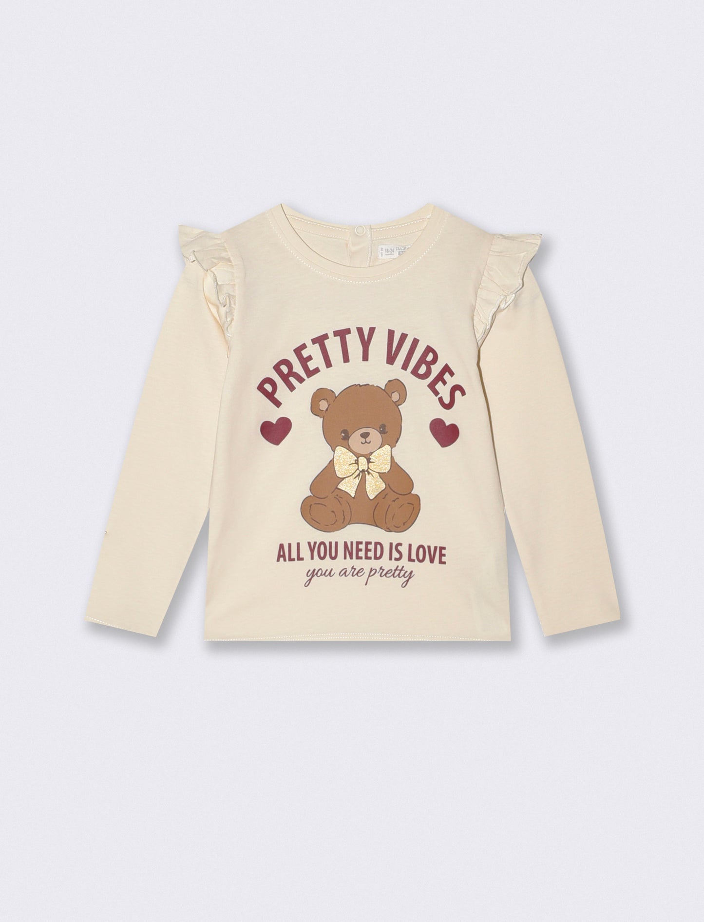 Long sleeve T-shirt with ruffles and print - Beige