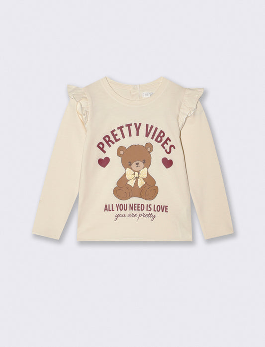 T-shirt a manica lunga con volant e stampa - Beige