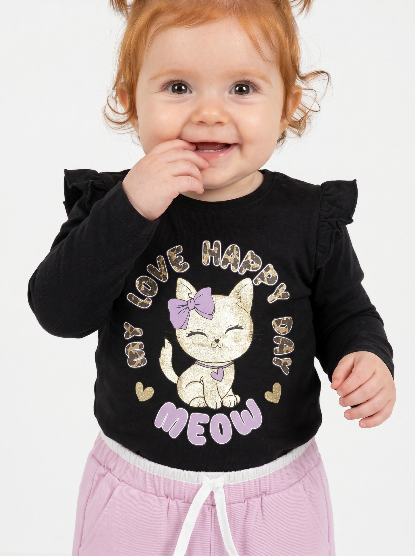 T-shirt a manica lunga con volant e stampa - Nero