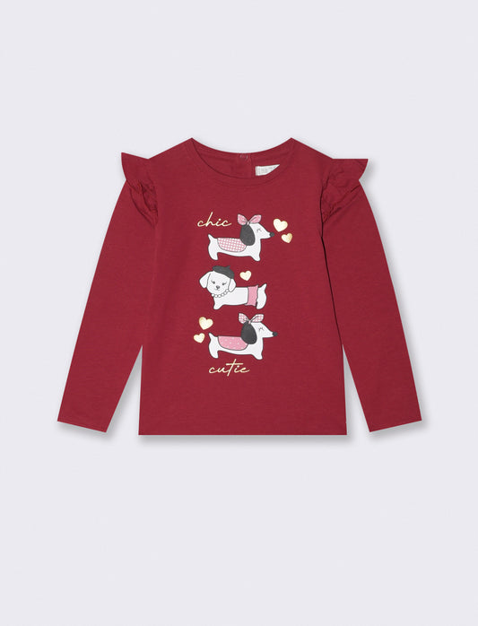 T-shirt a manica lunga con volant e stampa - Bordeaux