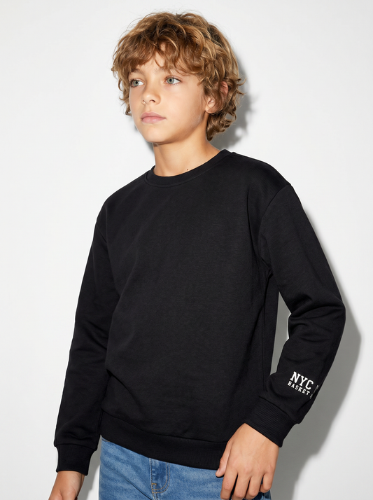 Cotton Crew Neck Sweatshirt for Leisure Time - Black