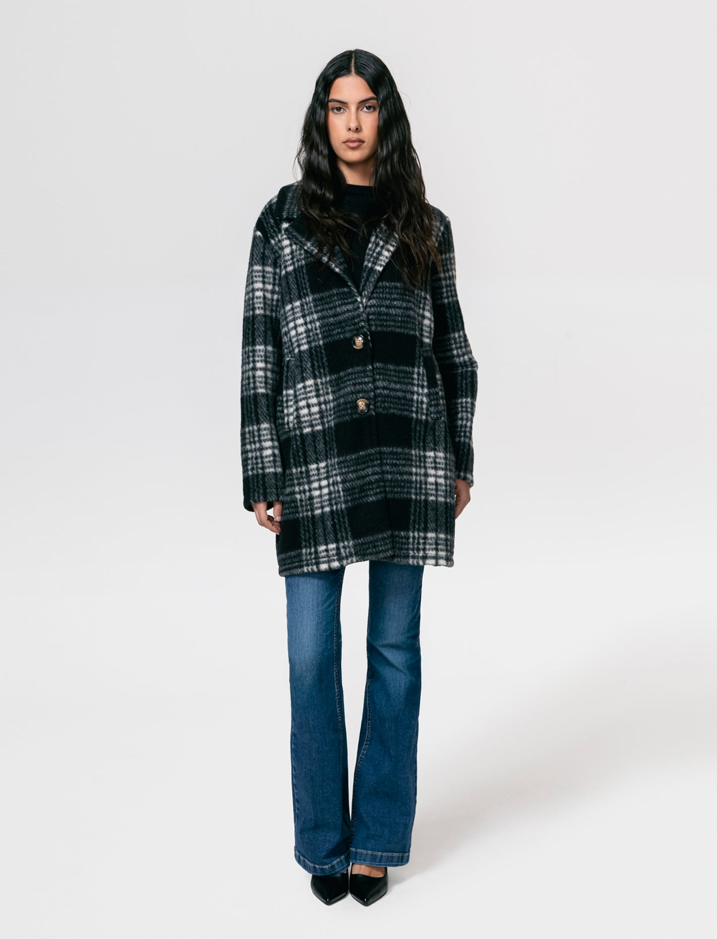 Cappotto monopetto in tessuto a quadro - Nero