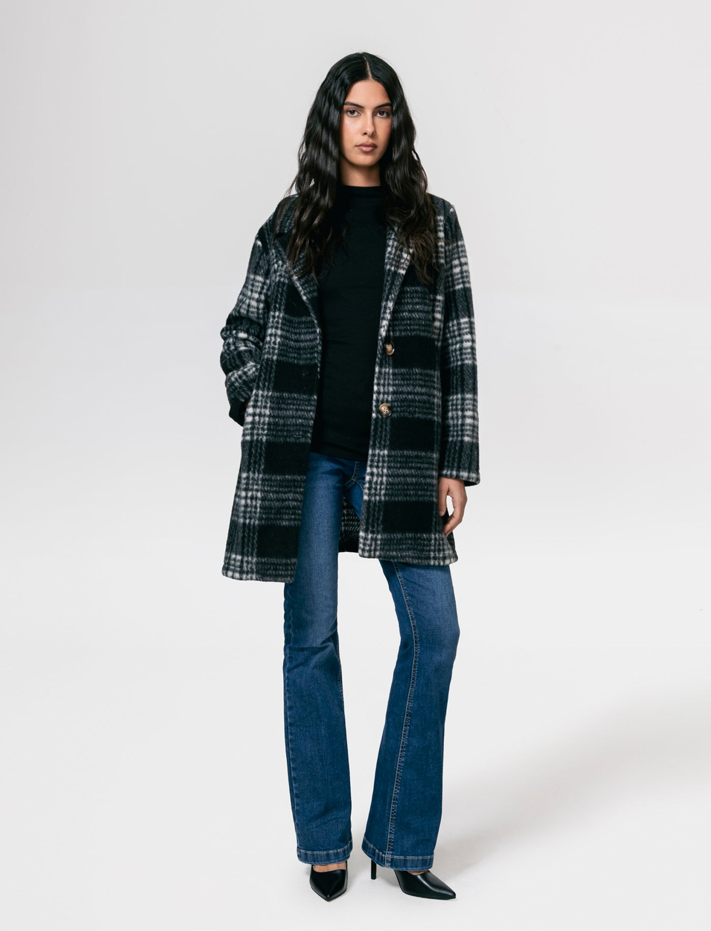 Cappotto monopetto in tessuto a quadro - Nero