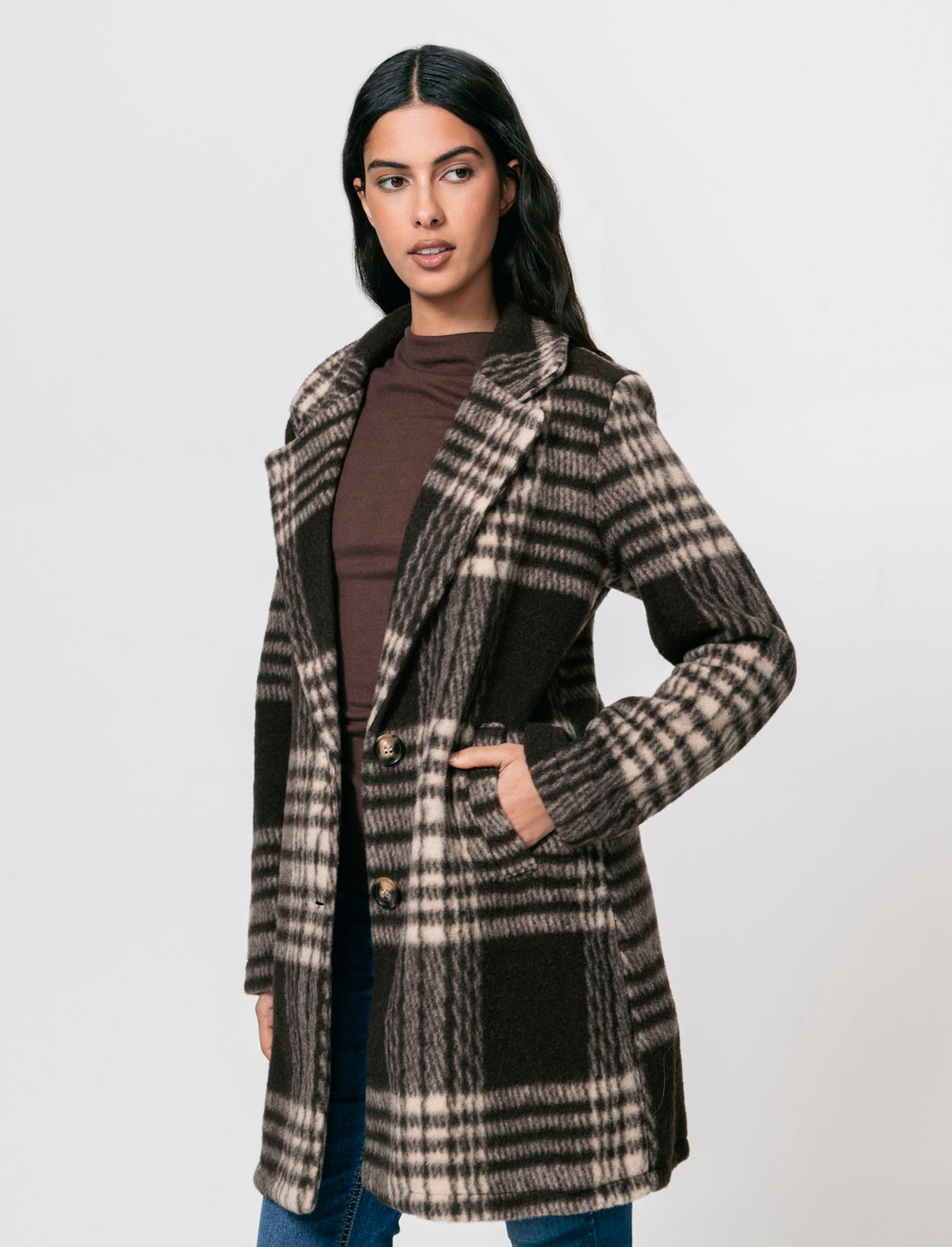 Cappotto monopetto in tessuto a quadro - Moro