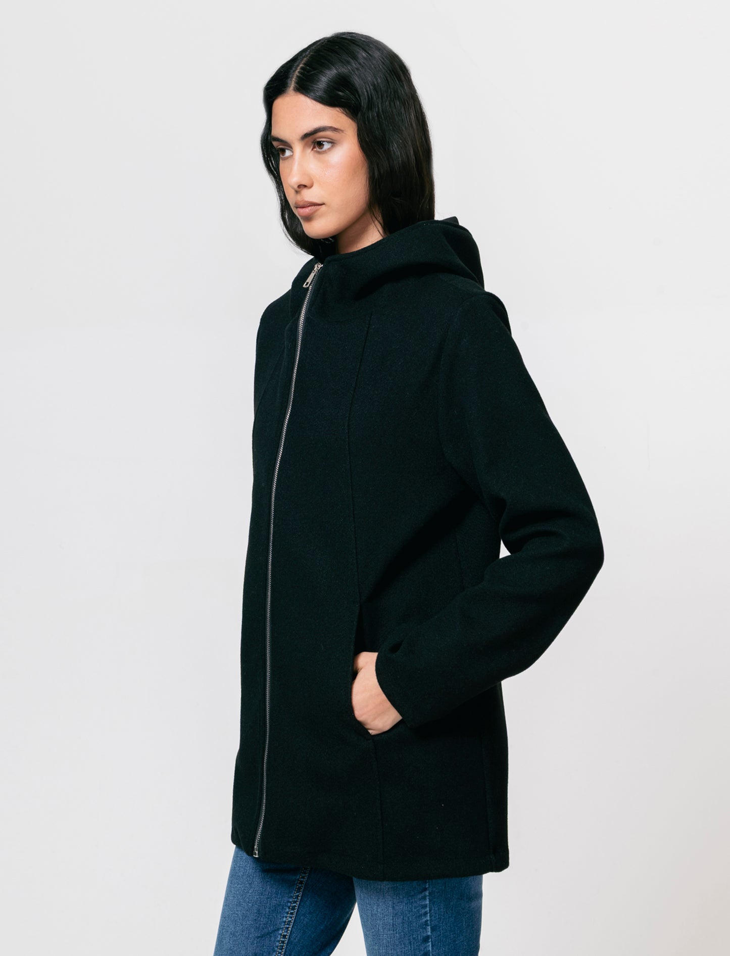 Cappotto con cappuccio e zip - Nero