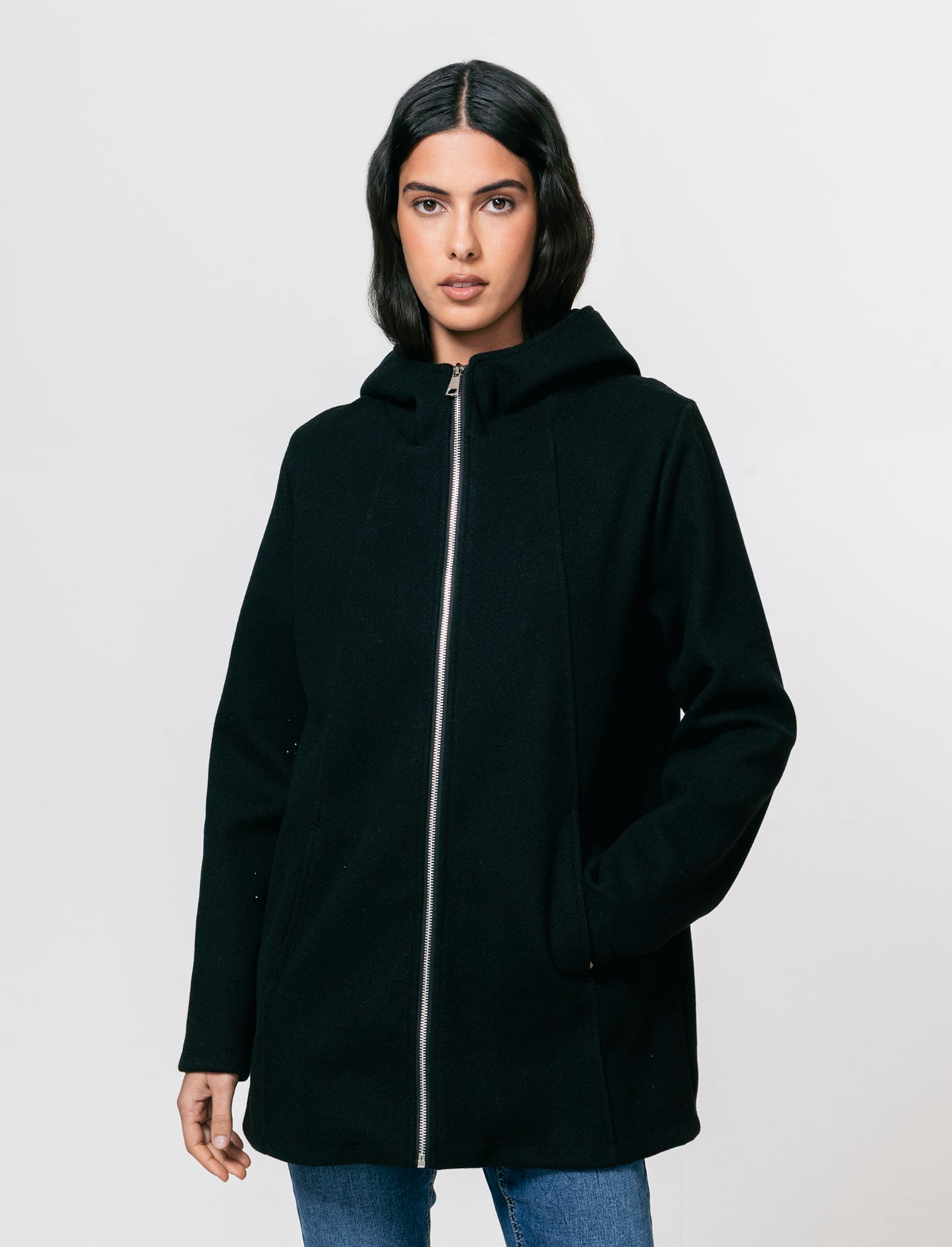 Cappotto con cappuccio e zip - Nero