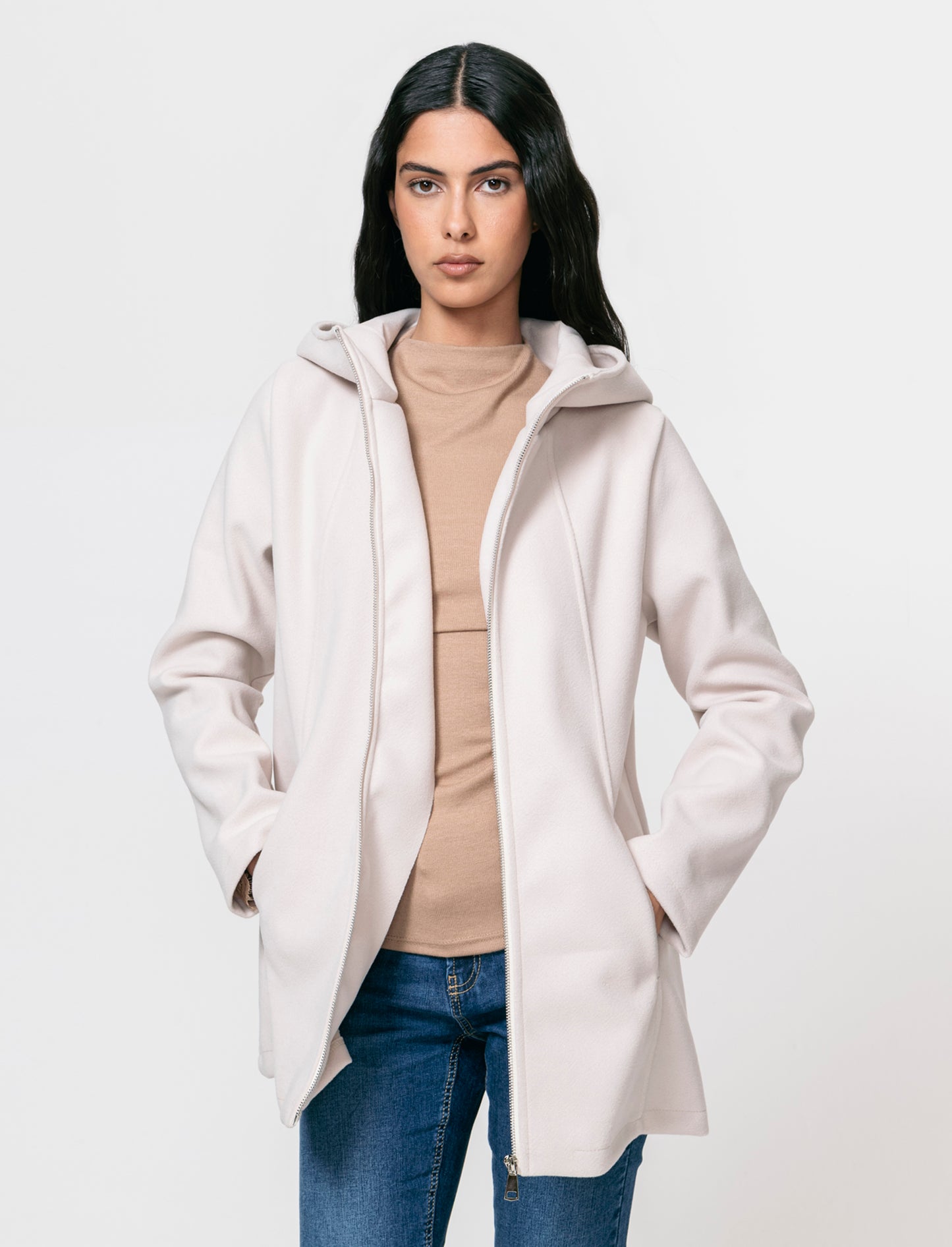 Cappotto con cappuccio e zip - Vaniglia