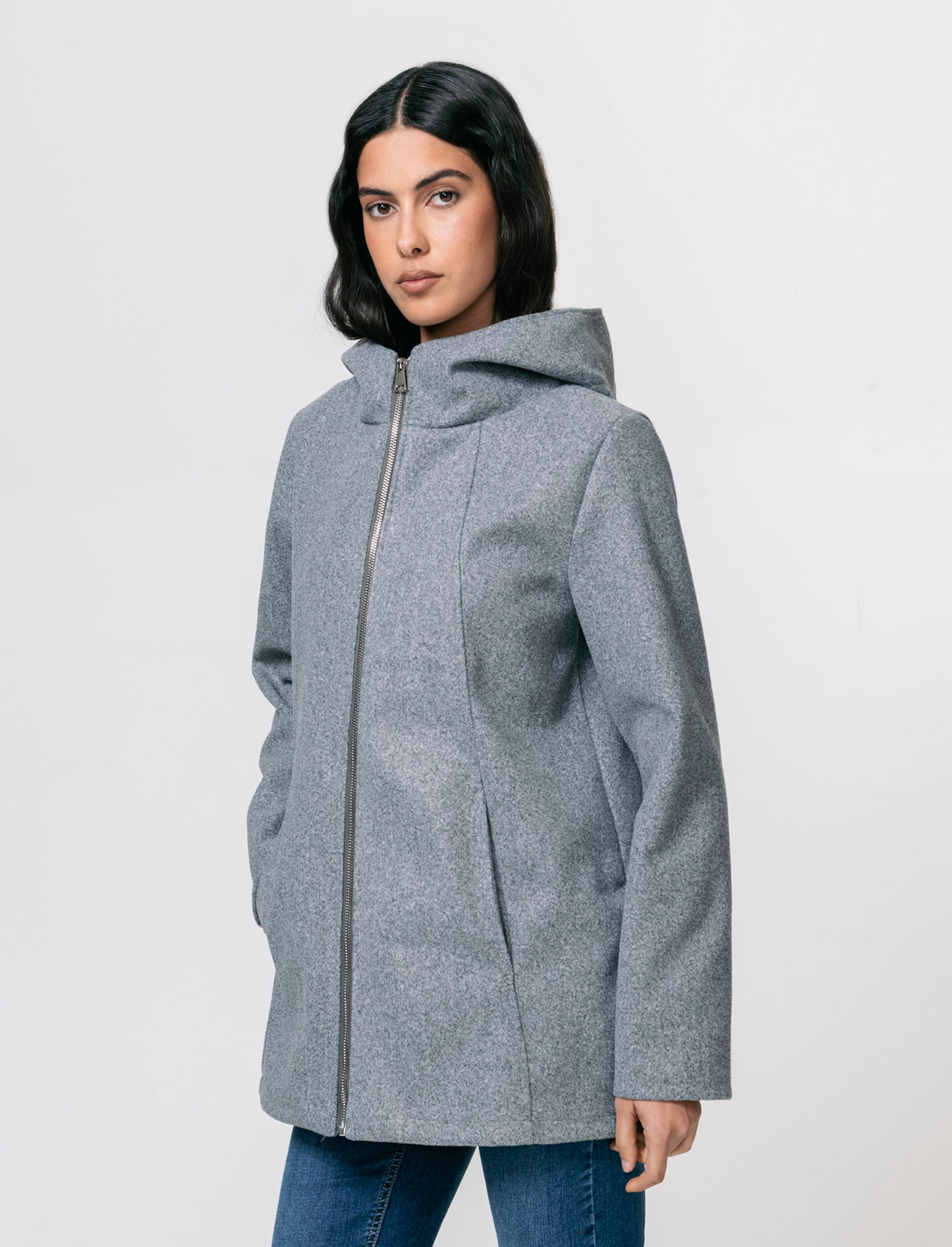 Cappotto con cappuccio e zip - Grigio mel.