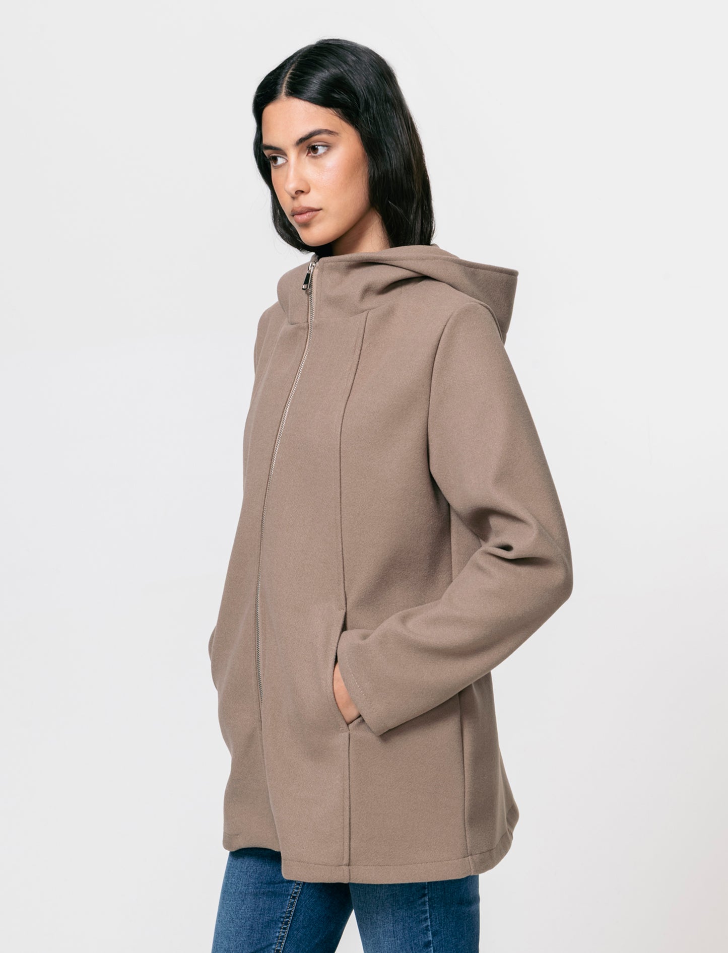 Cappotto con cappuccio e zip - Grigio fango