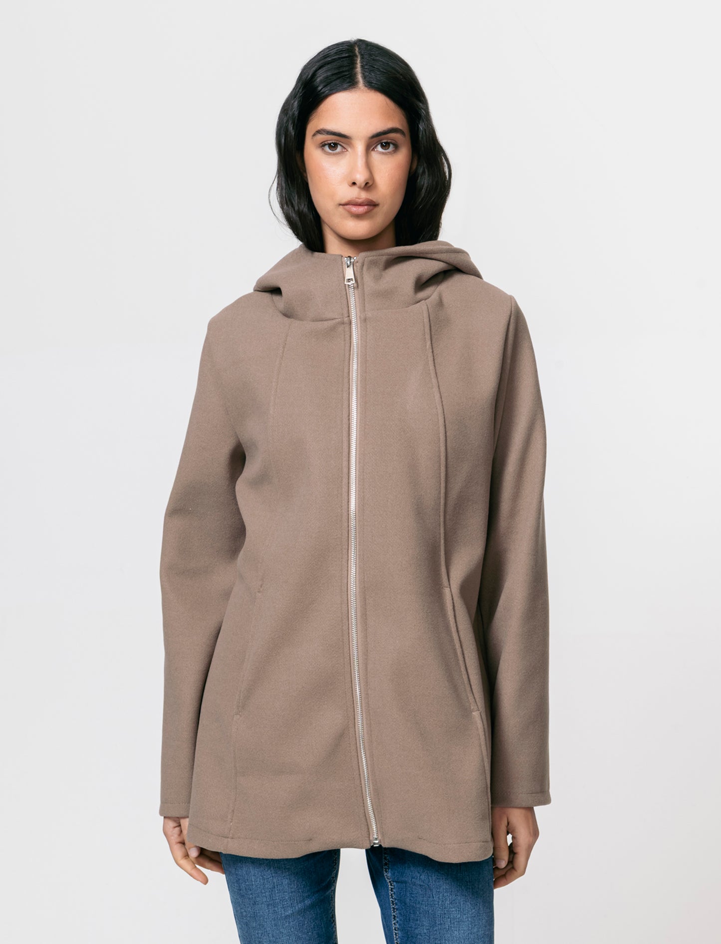 Cappotto con cappuccio e zip - Grigio fango