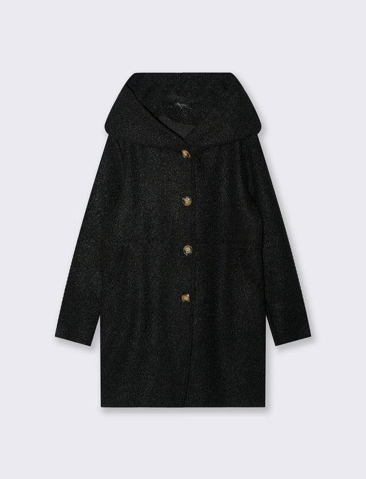 Cappotto su tessuto bouclè con cappuccio - Nero