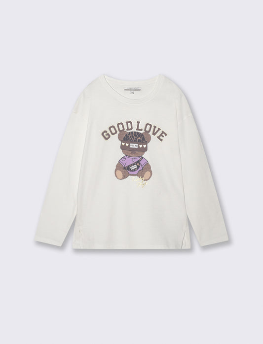 T-shirt lunga girocollo con stampa brillante - Bianco latte