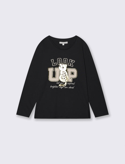 T-shirt lunga girocollo con stampa brillante - Nero