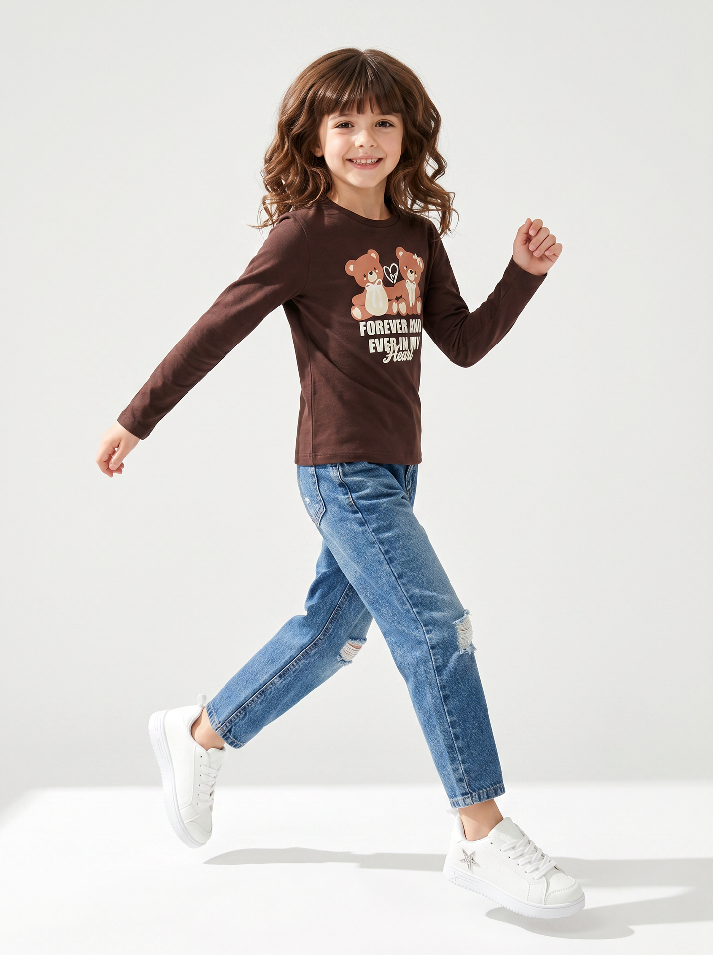 Maglietta manica lunga colorata per bambina - Marrone cioccolato