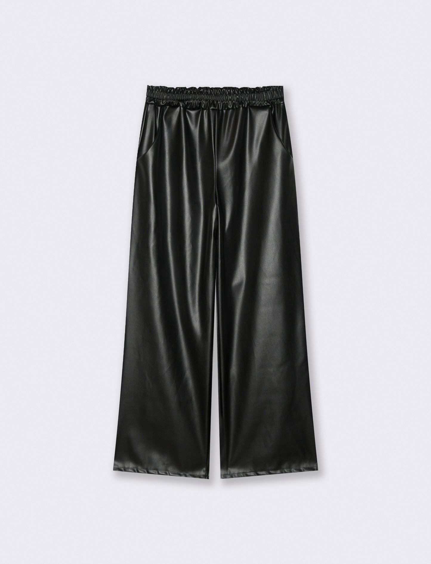 Pantalone palazzo con elastico in vita in ecopelle - Nero