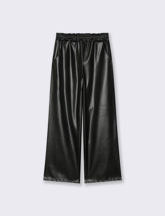 Pantalone palazzo con elastico in vita in ecopelle - Nero