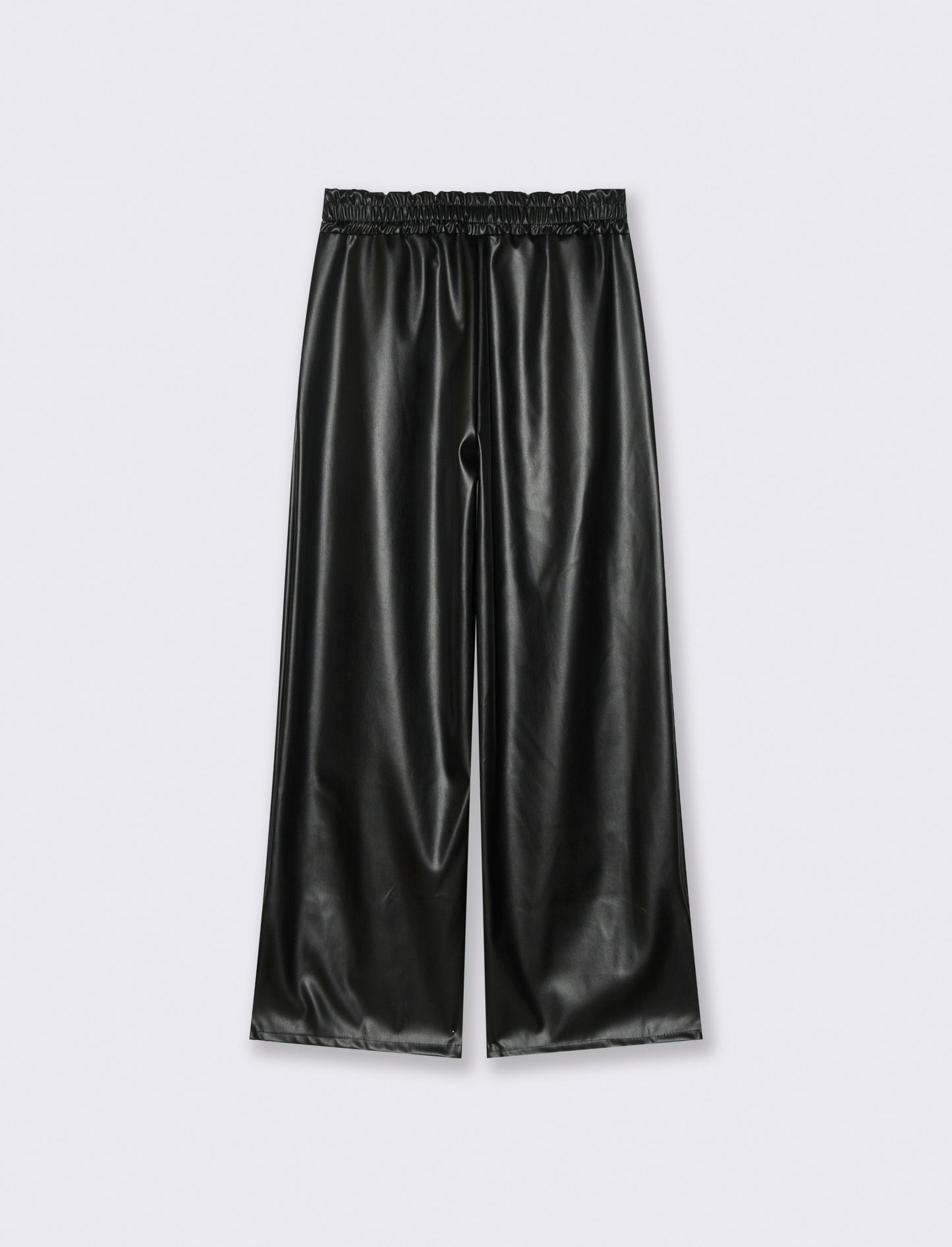 Pantalone palazzo con elastico in vita in ecopelle - Nero