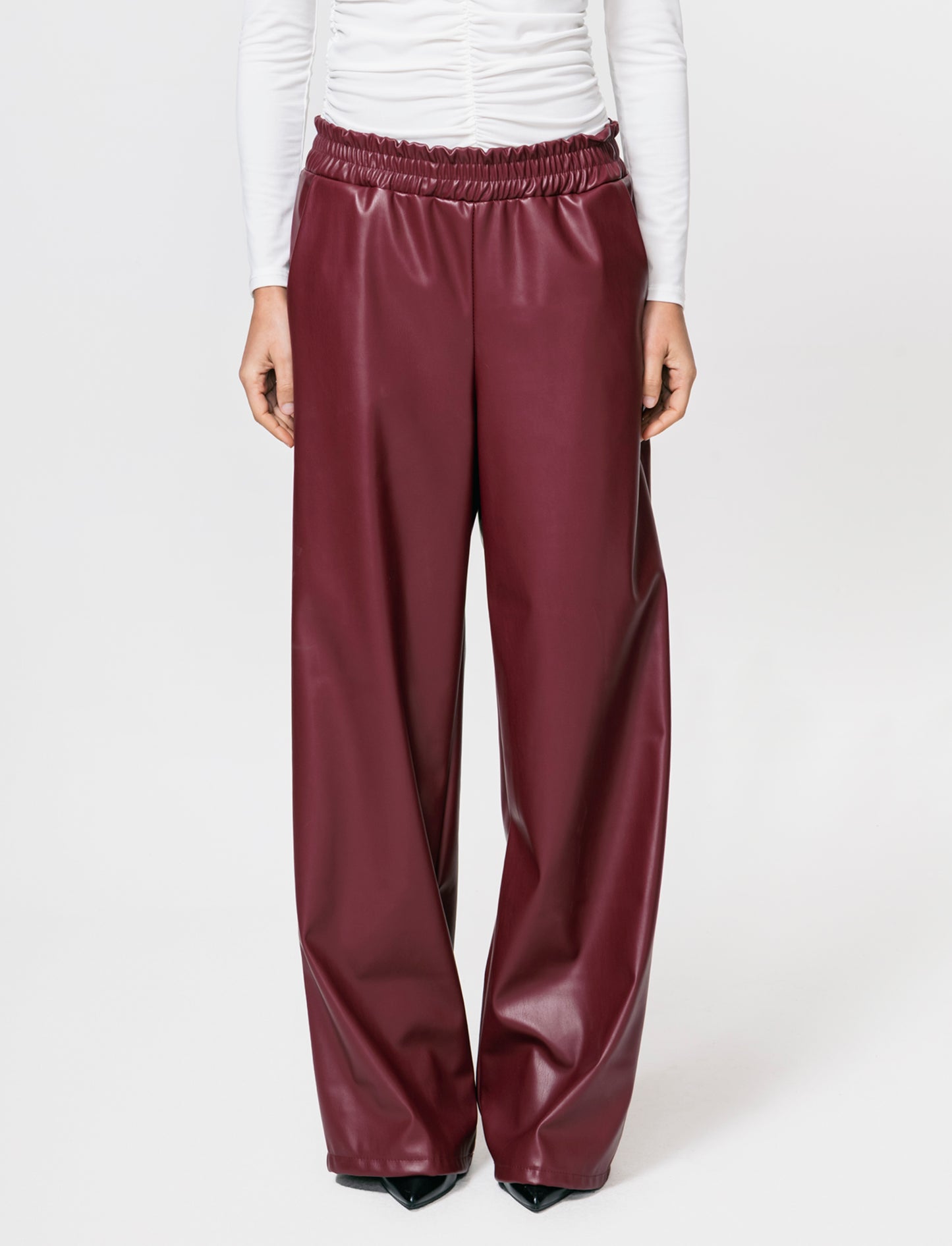 Pantalone palazzo con elastico in vita in ecopelle - Bordeaux