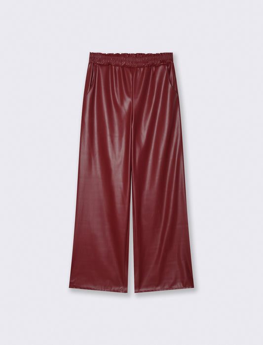 Pantalone palazzo con elastico in vita in ecopelle - Bordeaux