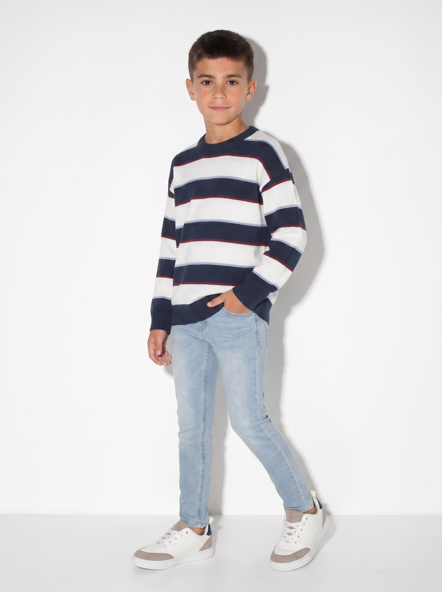 Maglia tricot rigata girocollo e maniche - Blu