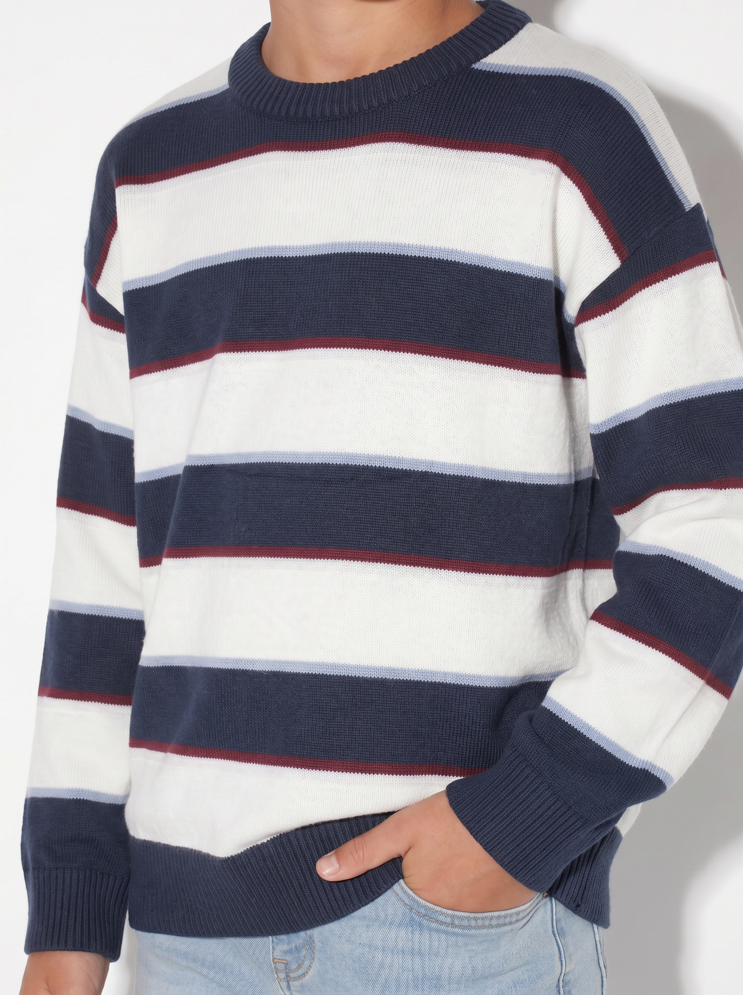 Maglia tricot rigata girocollo e maniche - Blu