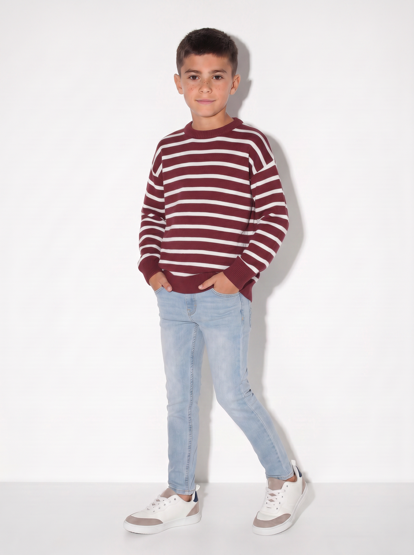 Maglia tricot rigata girocollo e maniche - Bordeaux