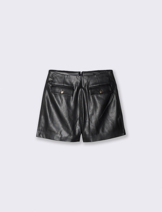Short in ecopelle con tasche e zip - Nero