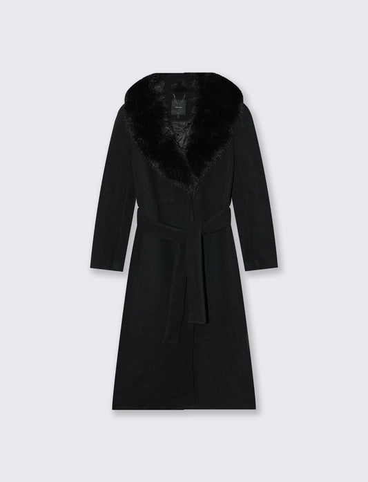 Cappotto lungo con collo in pelliccia - Nero