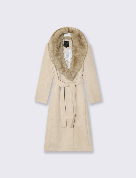 Cappotto lungo con collo in pelliccia - Beige