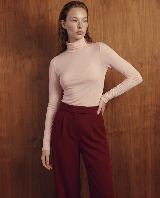 Pullover basico collo alto slim fit - Rosa polvere