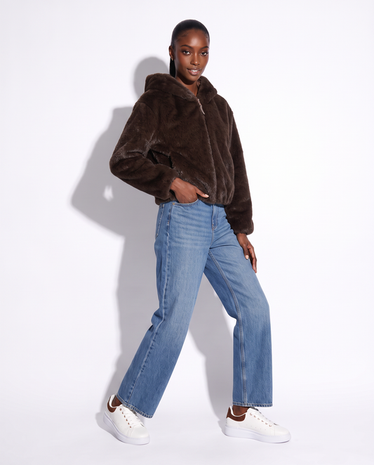 Faux fur bomber jacket with hood and zip - Brown