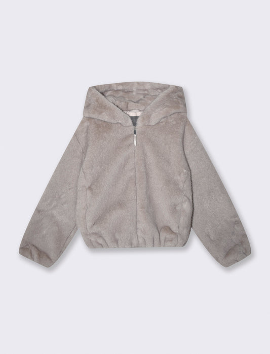 Bomber ecopelliccia con cappuccio e zip - Beige