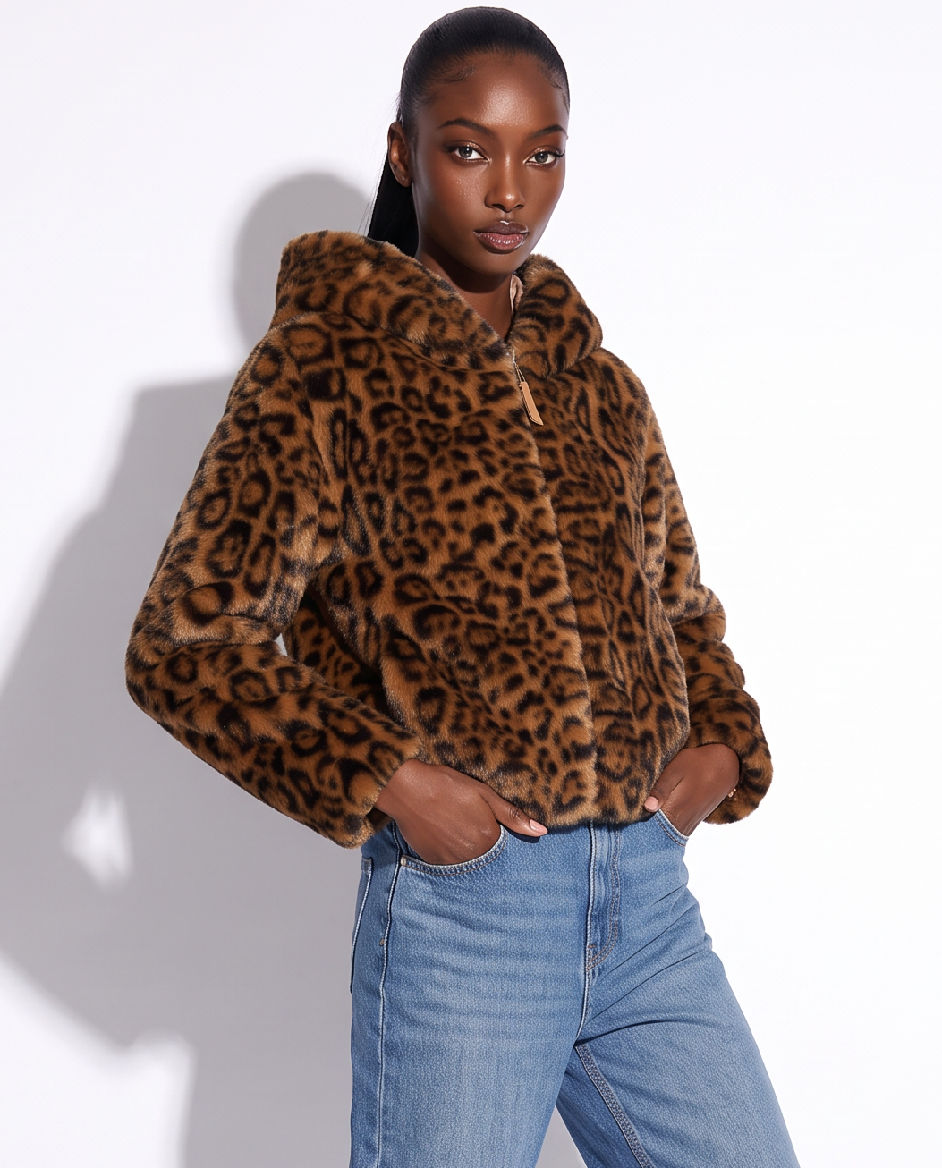 Bomber ecopelliccia con cappuccio e zip - var 1