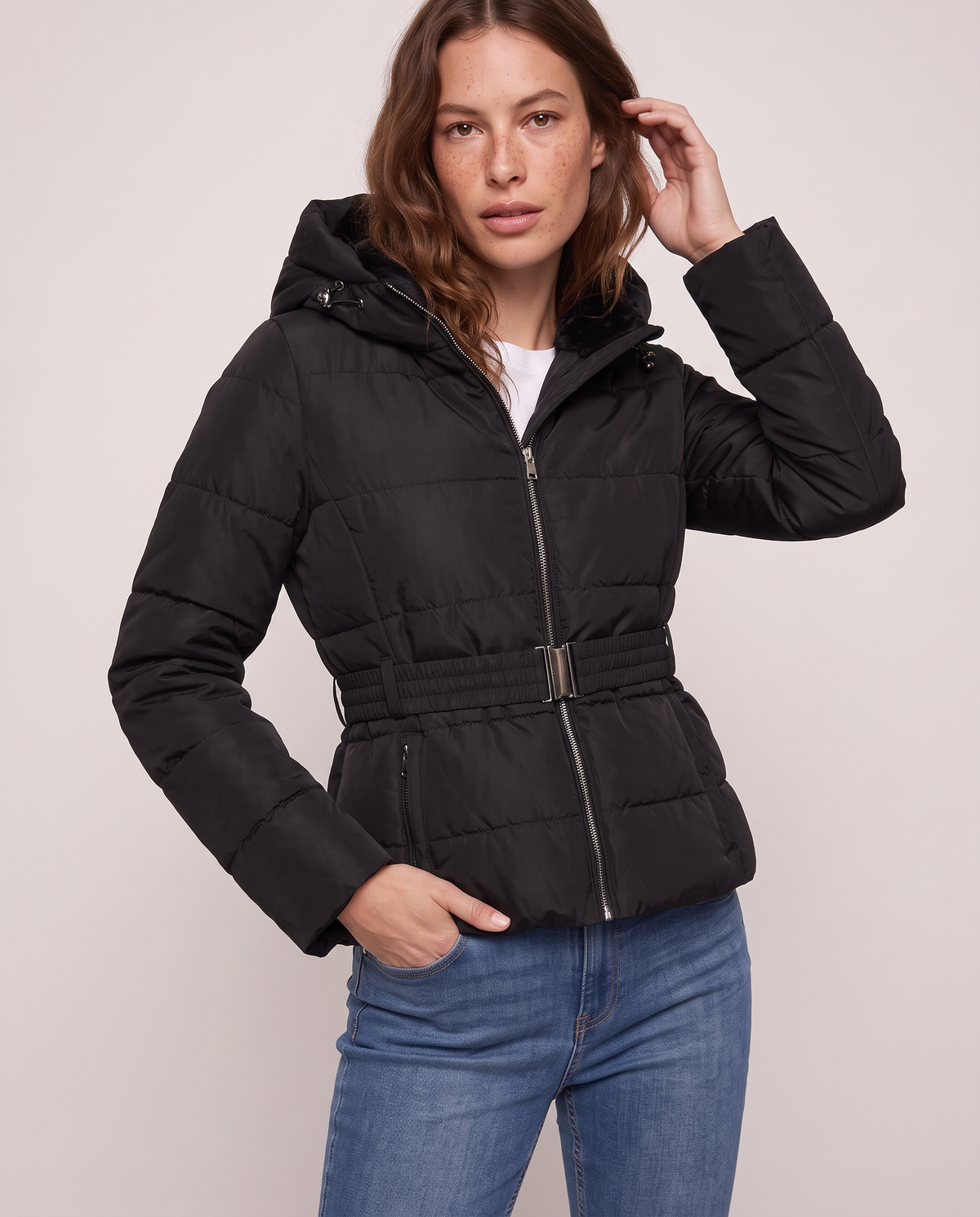 Slim padded jacket with hood - Black