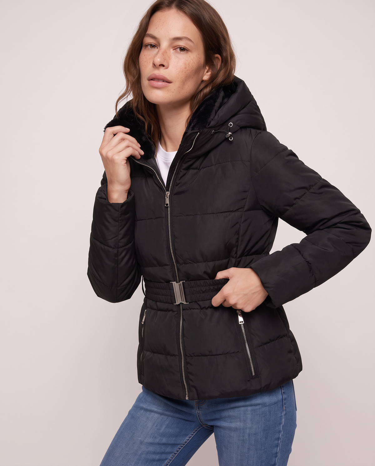 Slim padded jacket with hood - Black