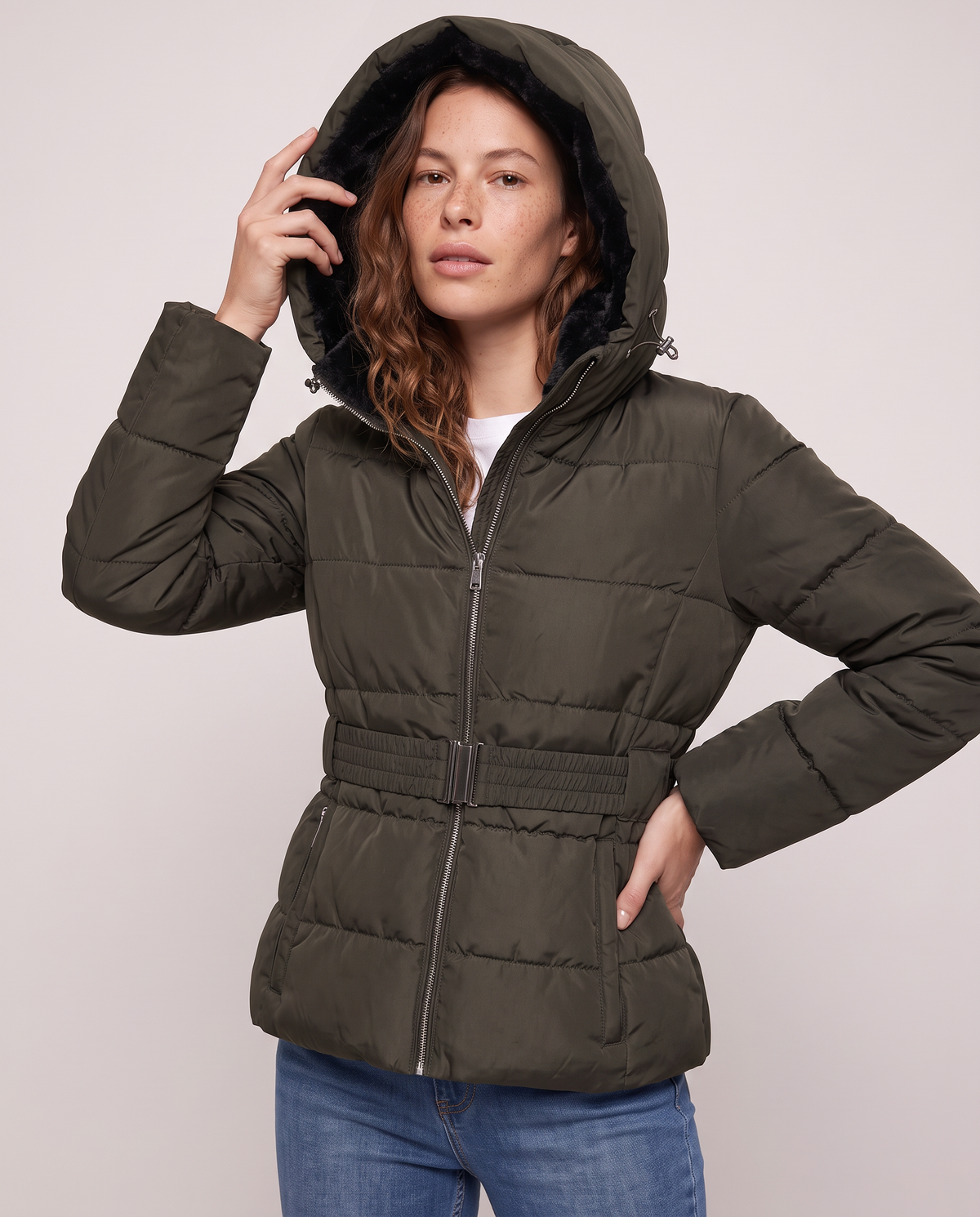 Slim padded jacket with hood - Green