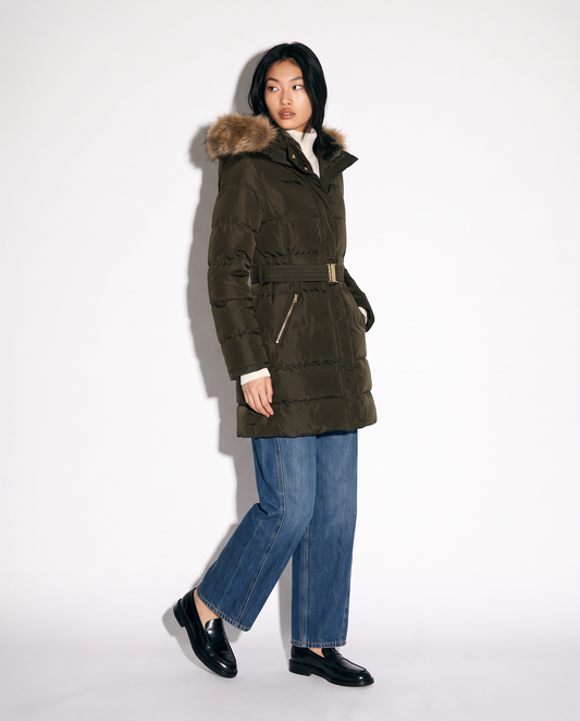 Long coat with hood and fur - Green