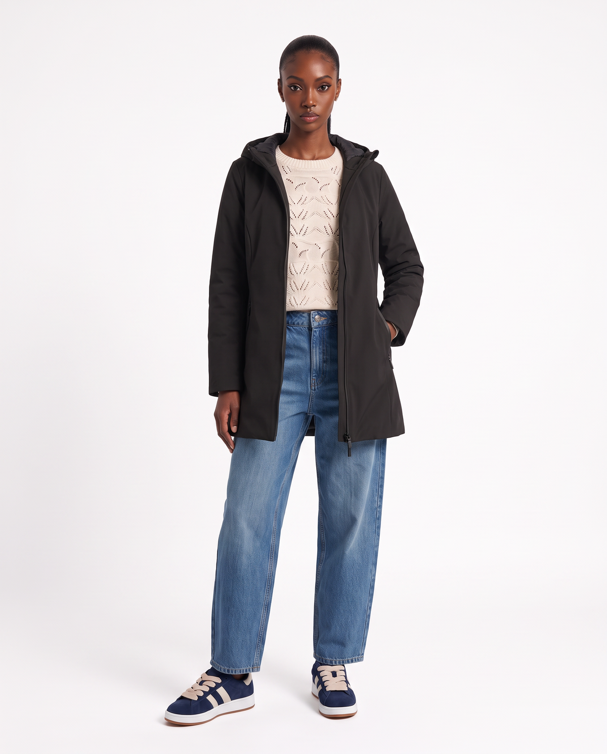 Reversible long parka with hood - Black