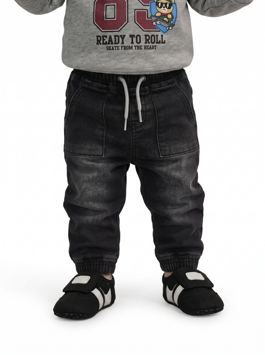 Pantaloni ampi effetto denim con tasche - Nero