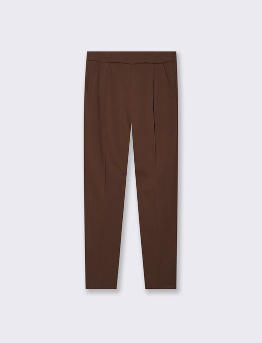 Pantalone elegante con taglio dritto, pieghe frontali e cintura rivestita - Moro