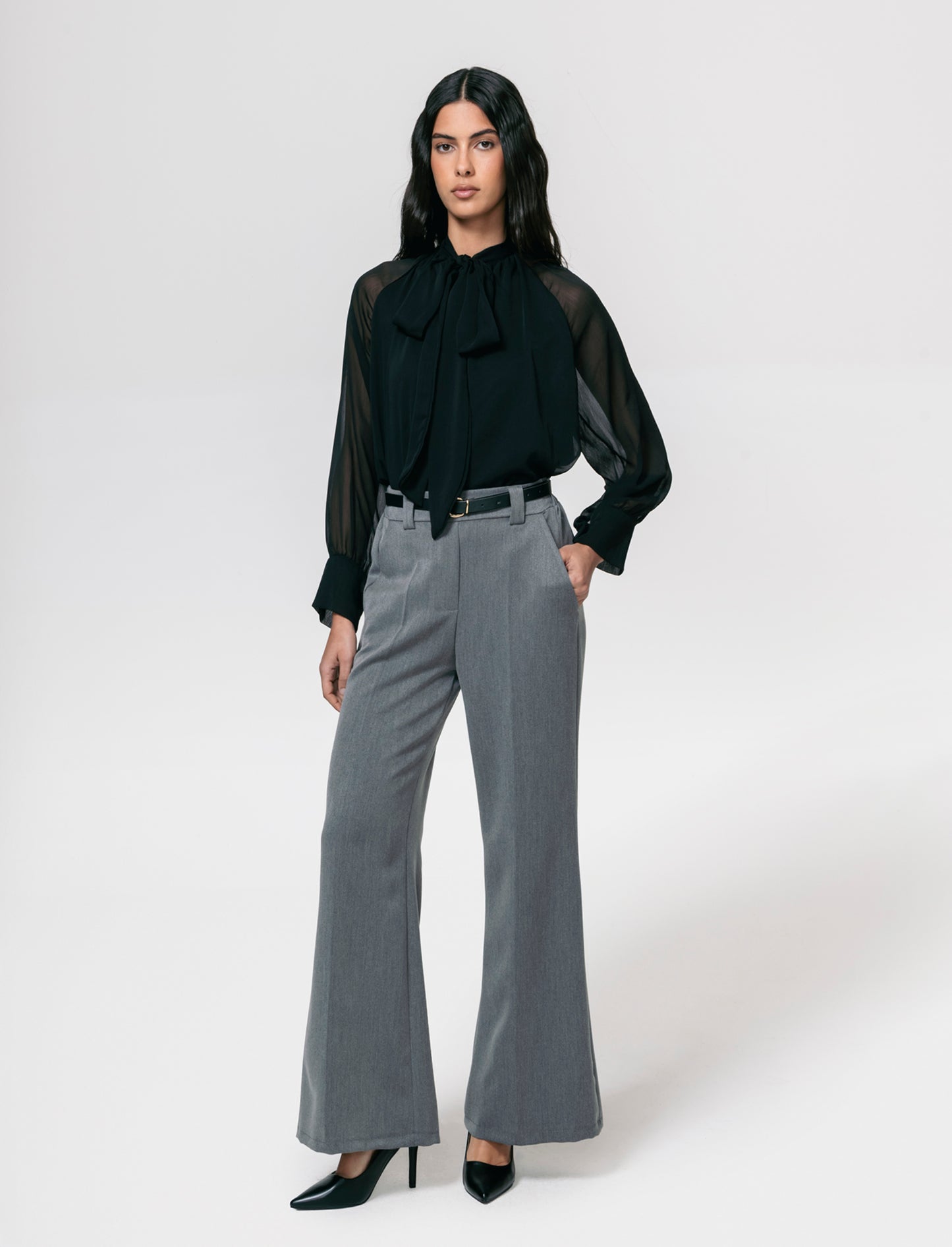 Pantalone a zampa con cintura - Grigio scuro